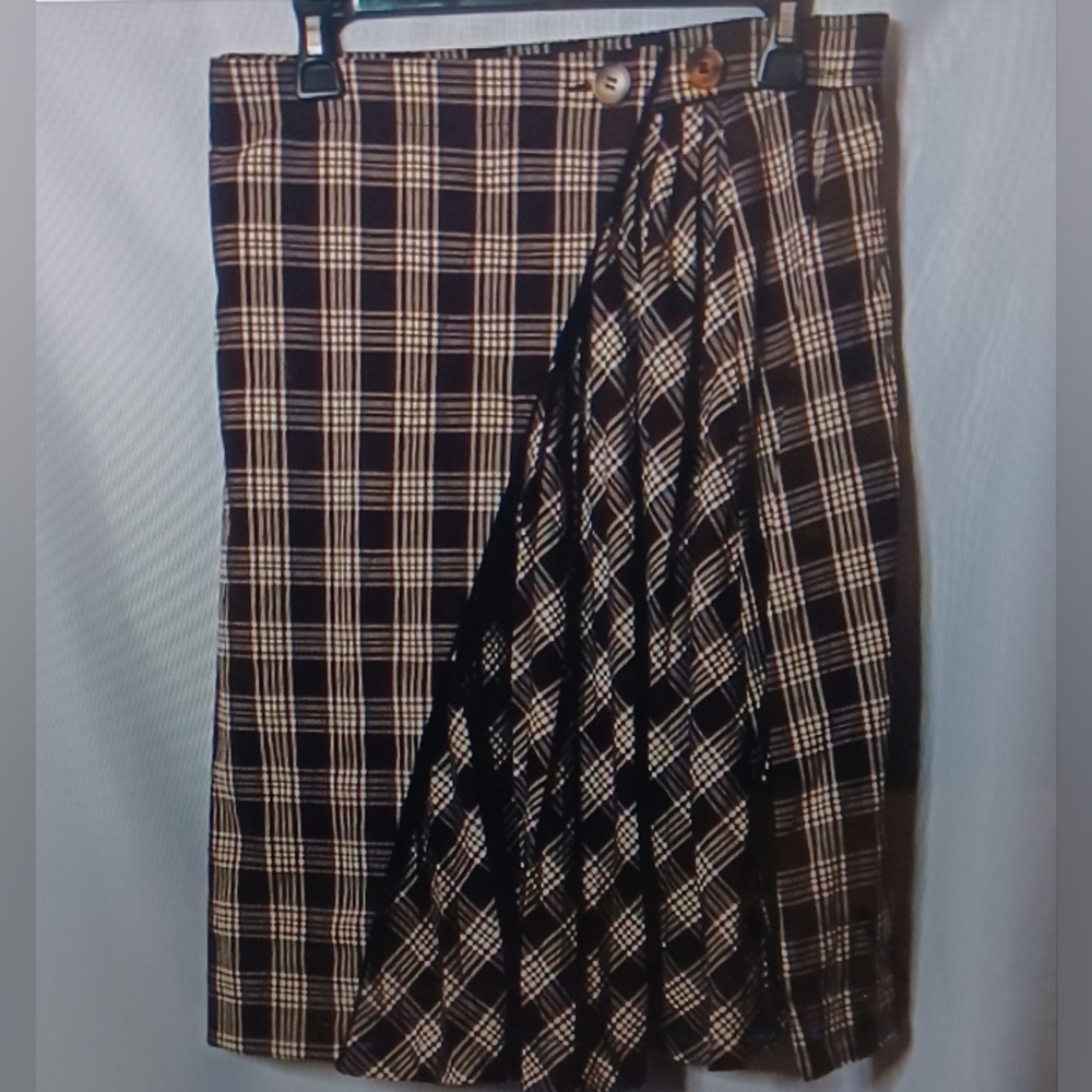 One Fine Day Brown/Beige Plaid Pleated Faux Wrap Front Midi Skirt. S
